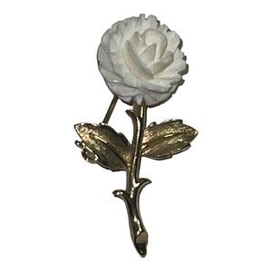 Vintage Gold Tone Carved White  Rose Brooch Pin Jewelry Great Gift